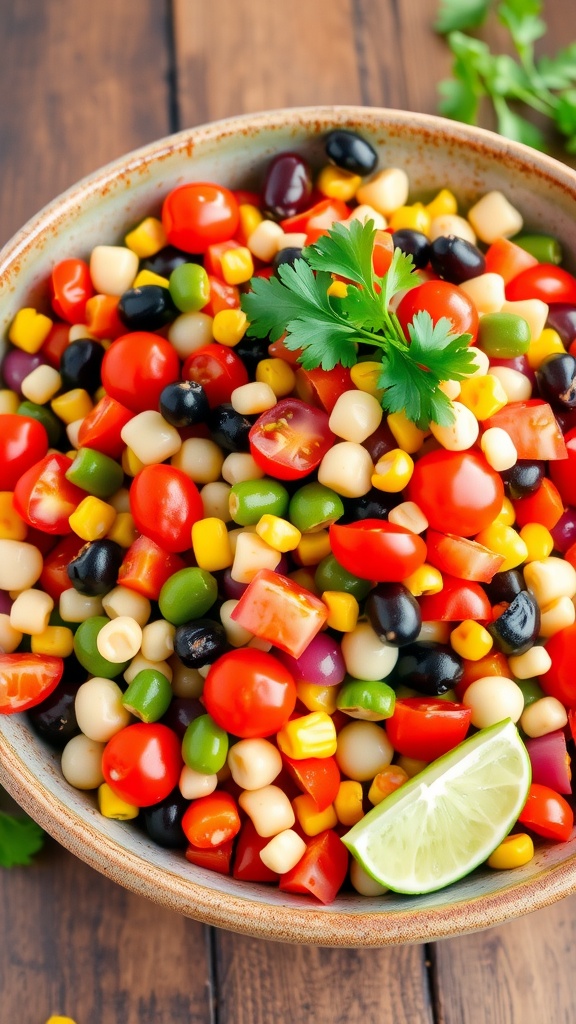 A colorful bean salad with assorted beans, corn, tomatoes, and peppers on a rustic wooden table.